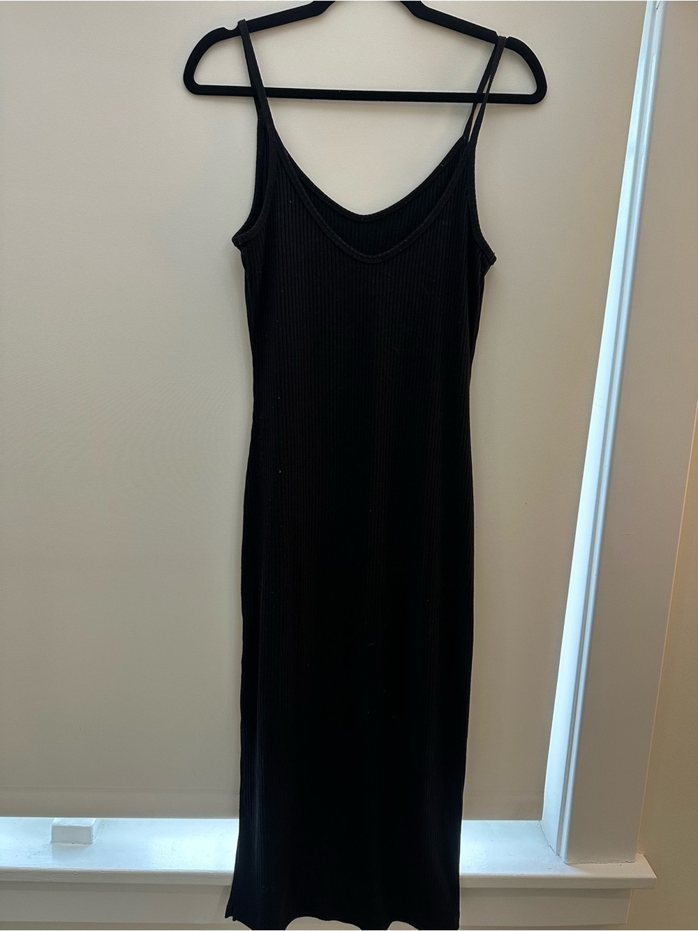 Fabletics Black Ribbed Maxi Slip Dress with Double Spaghetti Straps